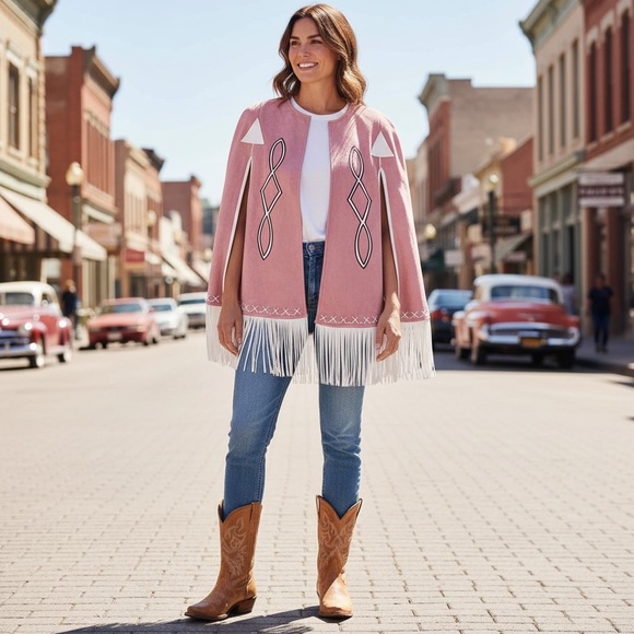 New blue b Light Pink Rose & White Whipstitch Fringe Trim Western Native Cape OS - Picture 2 of 14